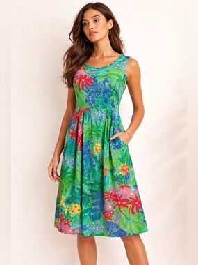 Jams World Tropical Cotton Sundress Pockets Aloha Print Vintage Sz S